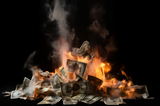 A symbolic image of financial loss and danger as money burns on top of a pile of cash AI Generative.