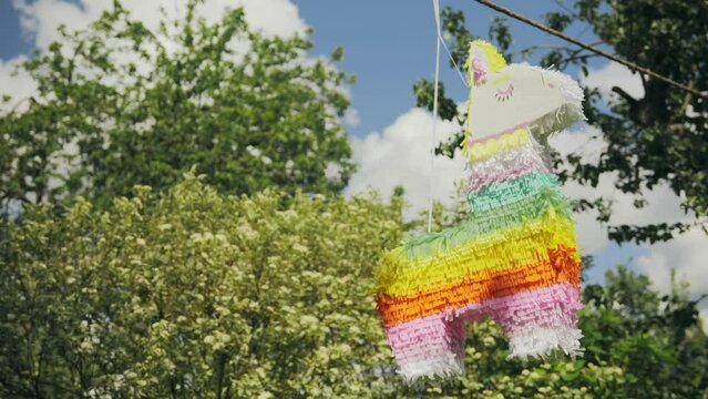 In the backyard of the house, a beautiful multicolored pinata hangs on a tree and moves in the wind. The wind shakes the leaves of a tree on which a pinata in the form of a llama or horse is hanging