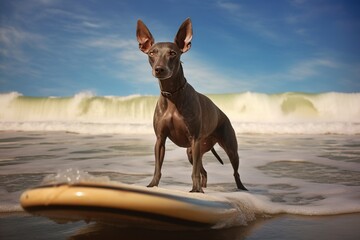 Image of a Xoloitzcuintli surfing on a surfboard at the beach on a sunny day.
