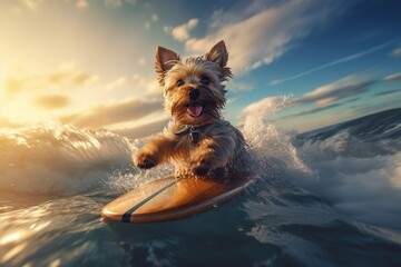 Image of a happy Yorkshire terrier surfing a huge wave on a surfboard on a sunny day.