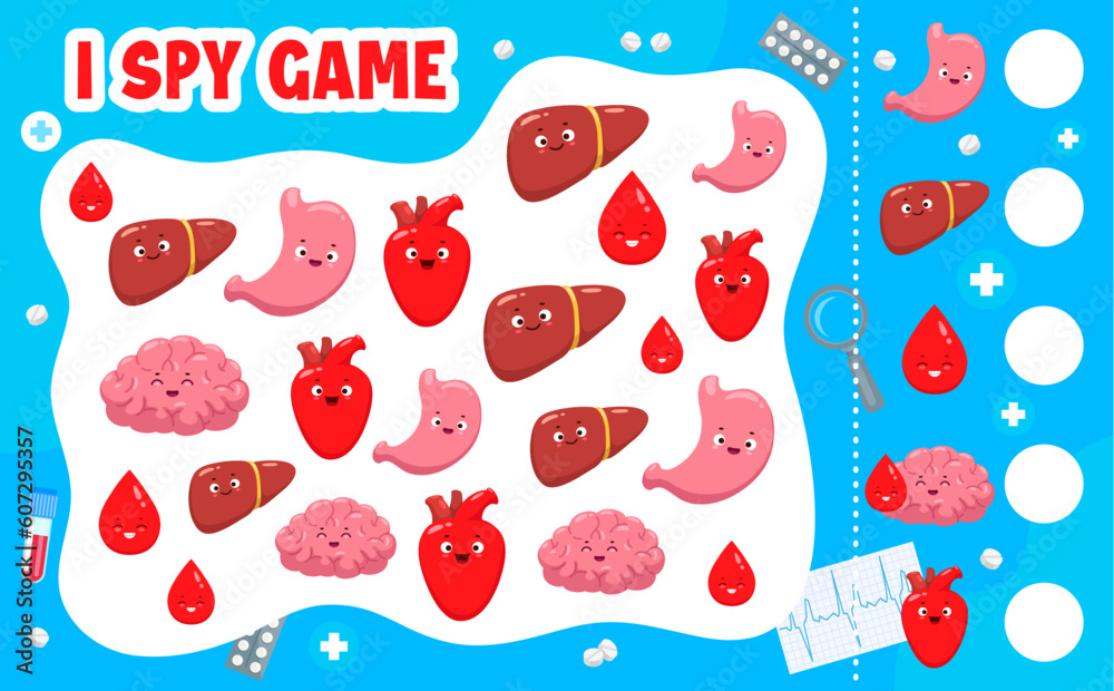 Poster i spy game quiz worksheet. cartoon human body organ characters. object finding playing activity for 