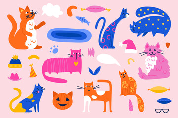 Big fun set of cat characters. Cats vector illustration