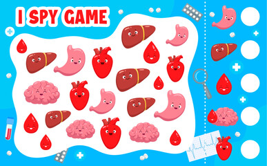 I spy game quiz worksheet. Cartoon human body organ characters. Object finding playing activity for kids, objects counting vector riddle with liver, stomach, heart and brain, blood drop cut personages