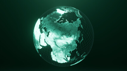 3D render of Asia globe map, Technology and Futuristic blue green line glowing Earth Background