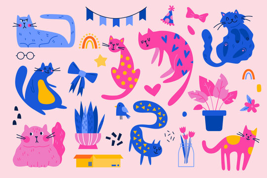 Big fun set of cat characters. Cats vector illustration