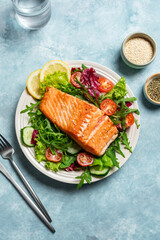 Grilled salmon fish fillet and green salad