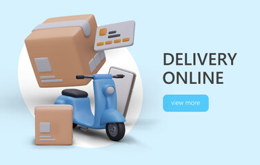Fast delivery of purchases, parcels, food. Advertising of courier services. Banner on blue background with 3D electric scooter, boxes. Order and pay for delivery services online. View more button