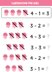 Subtraction with cute jelly fish. Educational math game for kids.