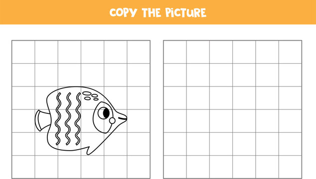 Copy the picture of black and white butterfly fish. Logical game for kids.