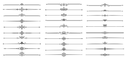 Vintage dividers, flourish borders and frame lines with vector floral ornaments and ornate decor elements. Classic calligraphy dividers and borders with victorian scrolls and swirls, text decorations