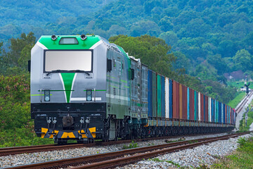 Train wagons carrying cargo containers for shipping companies. Distribution and freight transportation.