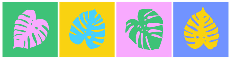 Simple Abstract Tropical Vector Illustration. Monstera Leaves Isolated on a Pink, Yellow, Green and Blue Background. Colorful Exotic Leaves Print. Minimalist Aloha Party Print. Pop Art. Rgb Colors.