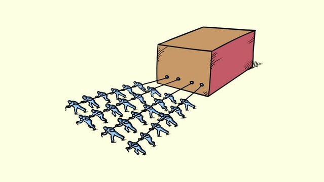 Hard working men pulling stone block cube isolated. Pushed by a group of people with ropes. Business metaphor of good for explainer. 