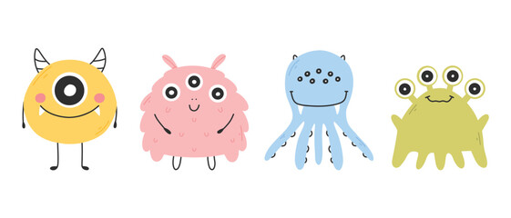 Set with cute monsters in flat style. Hand drawn kids monsters. vector illustration. Isolated mascot.