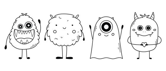 Set with cute monsters in doodle style. Linear children's monsters. Coloring book for children. vector illustration. Isolated mascot. © Евгения Крупель