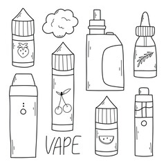 Vape set. vape liquids. Collection of electronic cigarettes in doodle style. Vector illustration.