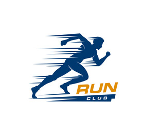 Marathon run sport icon with runner athlete vector silhouette. Running man symbol of run sport club, jogging, running race or sprint competition. Marathon challenge isolated blue badge