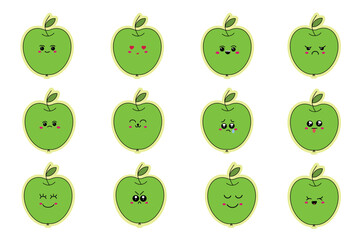 Set of vector emoticons on a green apple. Funny cartoon emoticons.
