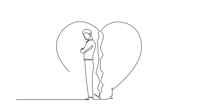 Animated self drawing of continuous line draw couple standing arms crossed. Family conflict. Break up relationship. Couple man woman angry, sad against broken heart. Full length single line animation