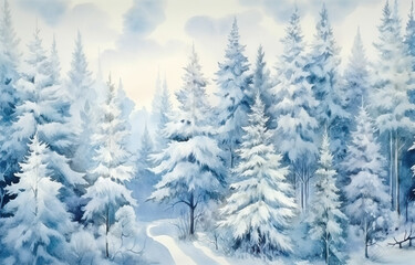 Winter forest. Winter landscape with fir trees covered with snow Digital painting Generative AI