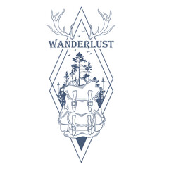 Hand drawn geometrical travel badge with forest trees silhouette, travel bag, horn and lettering "Wanderlust". Adventure. Vector isolated illustration for t-shirt design, posters, stickers, tatoo