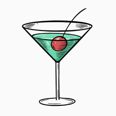 Green color cocktail with cherry in martini glass.