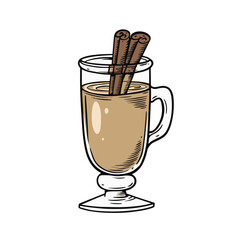 Drink color cocktail with cinnamon hand drawn in cartoon style.