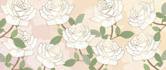 Delicate luxury floral background with white roses and golden outline. Background for decor, covers, wallpapers, postcards and presentations