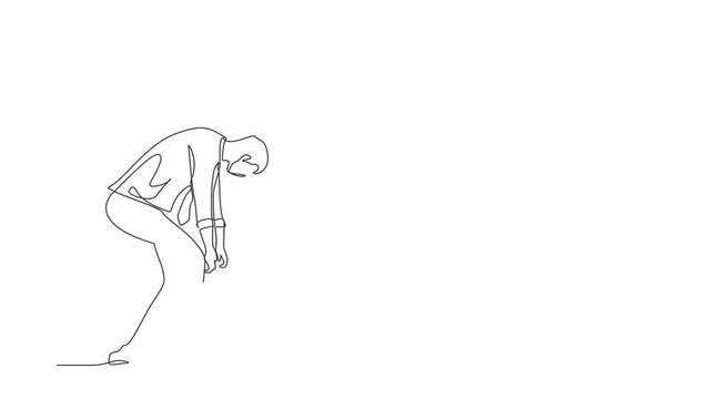 Animated self drawing of continuous one line draw sad businessman bowed down. Man feeling lonely and having stress. Bankruptcy on global economic recession, failure. Full length single line animation