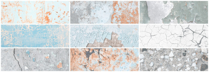 Set of panoramic background textures. Collection of wide textures with peeling paint, cracks, rust, stone and concrete walls. Faded rough surfaces of old walls. Bundle of light backgrounds for design.