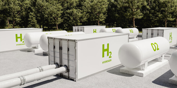 White tanks with liquid hydrogen and oxygen in factory yard. 3d render