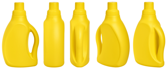yellow detergent plastic bottle with measuring cap and cleaning liquid isolated on white