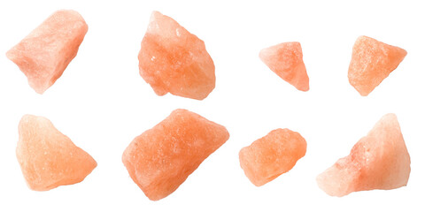 Himalayan pink rock salt isolated on white background, top view. - 607301399