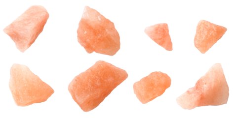 Himalayan pink rock salt isolated on white background, top view.