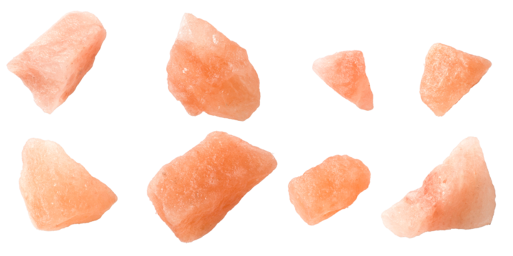 Himalayan pink rock salt isolated on white background, top view.