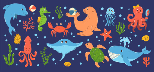 Set isolated colorful hand drawn marine animals and objects underwater world in flat vector style on dark blue background. Marine life vector doodles
