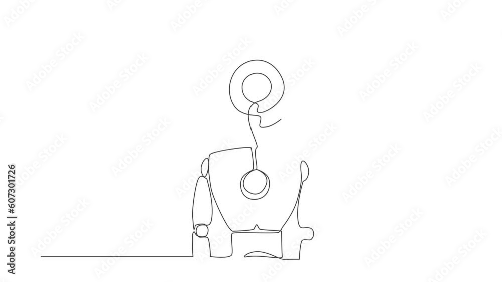Poster self drawing animation of single one line draw robot with target instead of head. future technology.