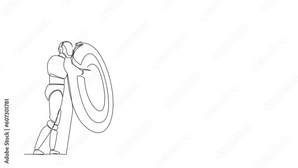 Poster animated self drawing of continuous line draw robots hugging huge target with arrow on target. moder