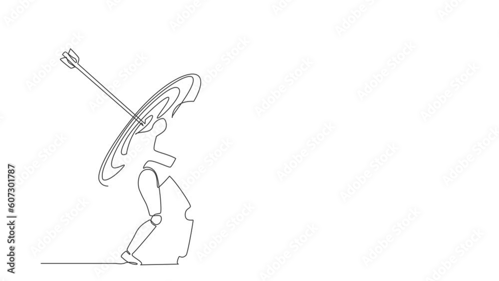Poster animated self drawing of continuous line draw robots carrying heavy target with exact arrow. humanoi