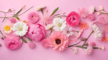 Fototapeta na wymiar Spring flowers on pink pastel background Generative AI