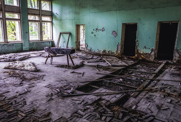 Gym in 2nd high school in Pripyat abandoned city, Chernobyl Exclusion Zone in Ukraine