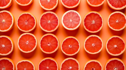Background of halves of juicy grapefruits, generative AI.