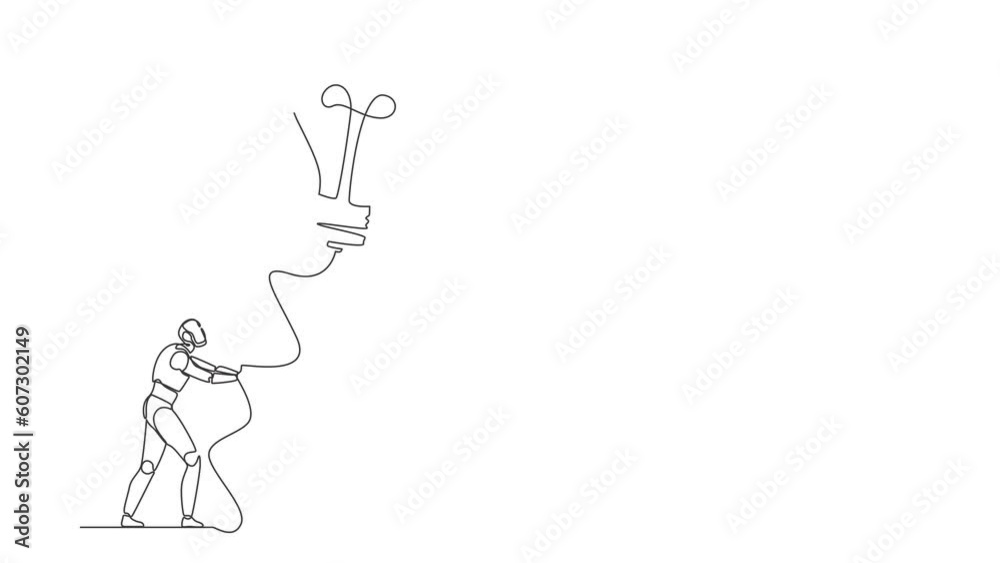 Poster animated self drawing of continuous line draw robot holding flying lightbulb balloon with rope. mode