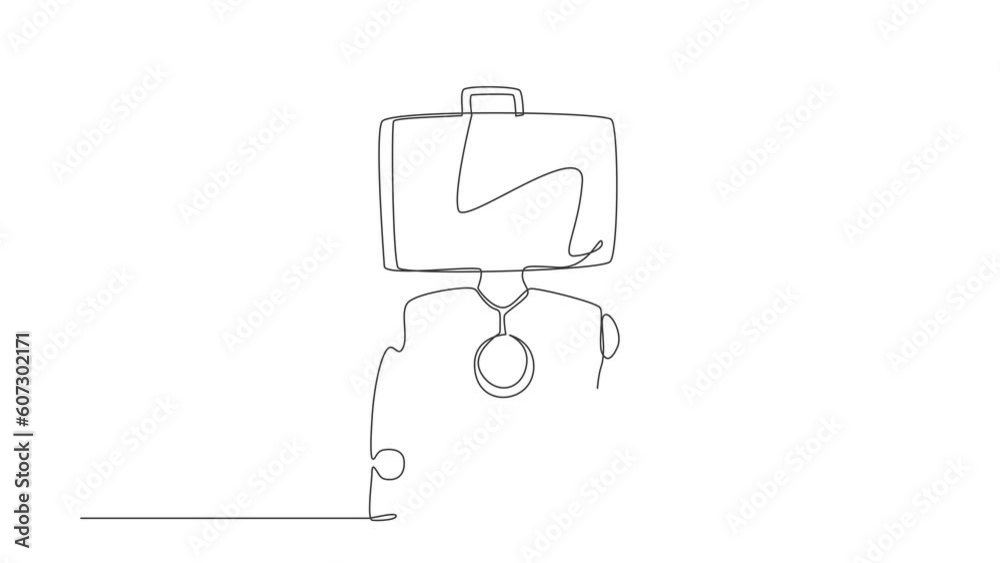 Poster animated self drawing of continuous line draw robot with briefcase instead of head. future technolog