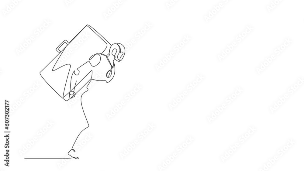 Poster animated self drawing of continuous line draw robots standing carrying heavy huge briefcase. humanoi