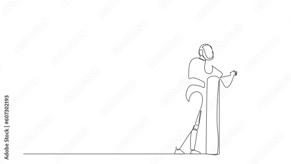 Poster animated self drawing of single continuous line draw robots standing and hugging huge briefcase. hum