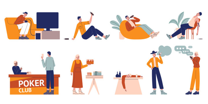 People with addictions. Different harmful habits. Men and women suffering from alcoholism. Eating disorder. Gambling and video gaming. Overuse messenger. Vector addictive persons set