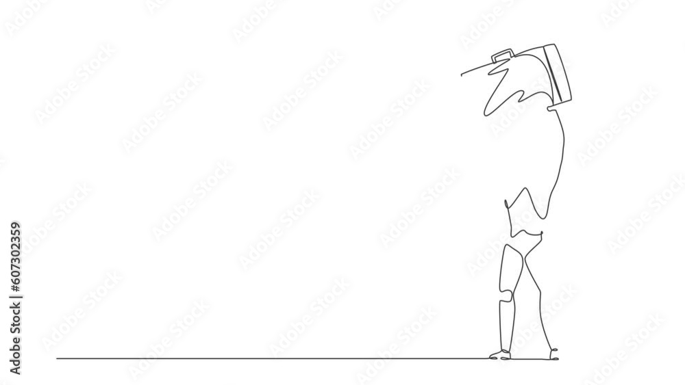 Poster self drawing animation of single one line draw robot standing lifting up briefcase. future developme