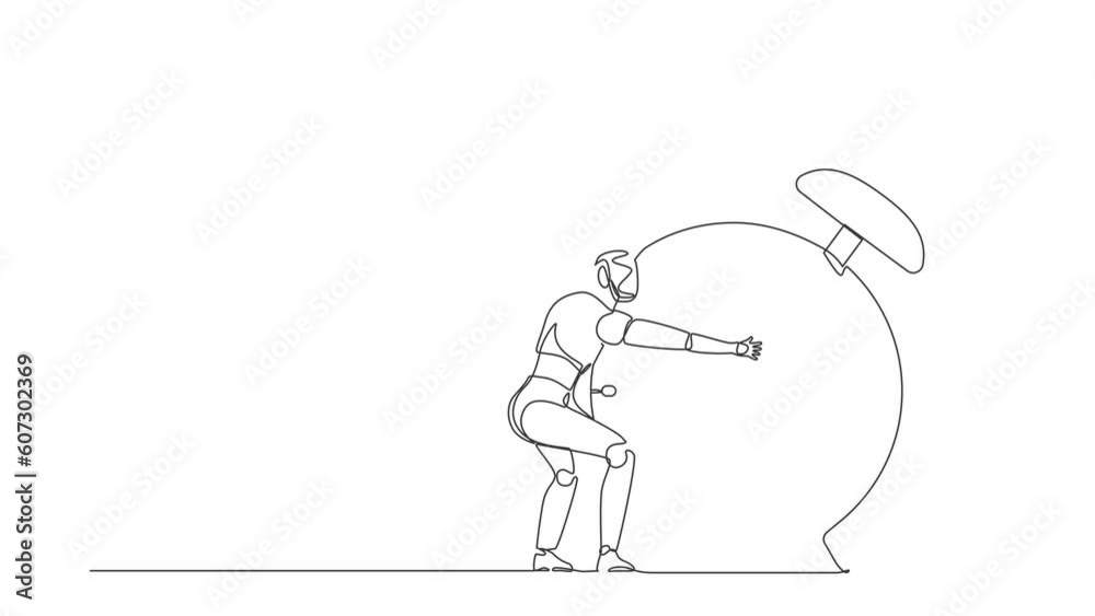 Poster animated self drawing of continuous one line draw robots hugging huge alarm clock. modern robotics a
