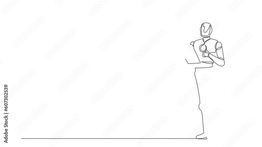 Poster self drawing animation of single line draw robot holding clipboard showing thumbs up. future develop
